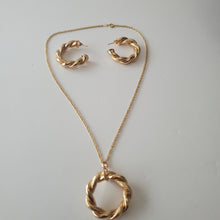 Load image into Gallery viewer, 18K GOLD PLATED CURVED TWISTED C HOOP EARRING, NECKLACE AND PENDANT SET
