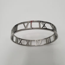 Load image into Gallery viewer, 18K WHITE GOLD PLATED STAINLESS STEEL ROMAN NUMERAL BANGLE