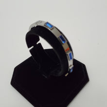Load image into Gallery viewer, 18K WHITE GOLD PLATED STAINLESS STEEL BLUE STONE BANGLE