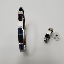 Load image into Gallery viewer, 18K WHITE GOLD PLATED STAINLESS STEEL BLUE STONE BANGLE