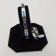 Load image into Gallery viewer, 18K WHITE GOLD PLATED STAINLESS STEEL BLUE STONE BANGLE