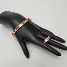 Load image into Gallery viewer, 18K RED GOLD PLATED STAINLESS STEEL RED STONE BANGLE WITH RING