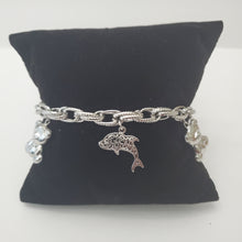 Load image into Gallery viewer, 18K ITALIAN WHITE GOLD PLATED TEDDY & FISH CHARM  BRACELET