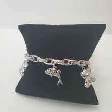 Load image into Gallery viewer, 18K ITALIAN WHITE GOLD PLATED TEDDY & FISH CHARM  BRACELET