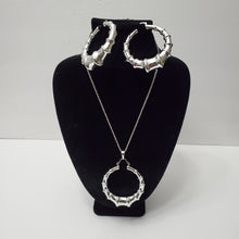 Load image into Gallery viewer, 18K ITALIAN WHITE GOLD PLATED BAMBOO HOOP EARRING, NECKLACE AND PENDANT  SET