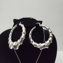 Load image into Gallery viewer, 18K ITALIAN WHITE GOLD PLATED BAMBOO HOOP EARRING, NECKLACE AND PENDANT  SET
