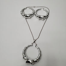Load image into Gallery viewer, 18K ITALIAN WHITE GOLD PLATED BAMBOO HOOP EARRING, NECKLACE AND PENDANT  SET