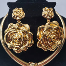 Load image into Gallery viewer, 18K GOLD PLATED DROP ROSE FLOWER EARRING , PENDANT & NECKLACE SET