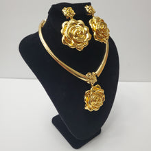 Load image into Gallery viewer, 18K GOLD PLATED DROP ROSE FLOWER EARRING , PENDANT & NECKLACE SET