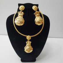 Load image into Gallery viewer, 18K GOLD PLATED BIG DOLLAR SACK EARRING , PENDANT & CORD NECKLACE SET