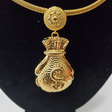 Load image into Gallery viewer, 18K GOLD PLATED BIG DOLLAR SACK EARRING , PENDANT & CORD NECKLACE SET