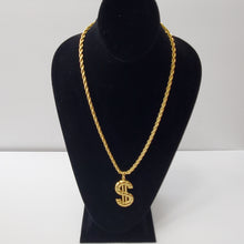 Load image into Gallery viewer, 18K BRAZILIAN GOLD PLATED CHUNKY DOLLAR SIGN PENDANT WITH TWISTED ROPE NECKLACE
