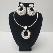 Load image into Gallery viewer, 18K BRAZILIAN WHITE GOLD PLATED CLUSTERED FLOWER DROP EARRING, NECKLACE AND PENDANT  SET