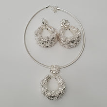 Load image into Gallery viewer, 18K BRAZILIAN WHITE GOLD PLATED CLUSTERED FLOWER DROP EARRING, NECKLACE AND PENDANT  SET