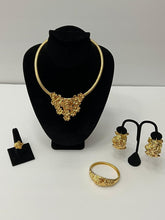 Load image into Gallery viewer, 18K GOLD PLATED FLOWERED PARTY EARRING, RING, BANGLE, CORD NECKLACE & PENDANT SET