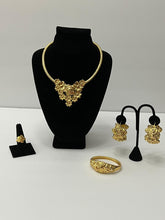 Load image into Gallery viewer, 18K GOLD PLATED FLOWERED PARTY EARRING, RING, BANGLE, CORD NECKLACE & PENDANT SET
