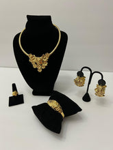 Load image into Gallery viewer, 18K GOLD PLATED FLOWERED PARTY EARRING, RING, BANGLE, CORD NECKLACE & PENDANT SET