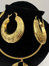 Load image into Gallery viewer, 18K GOLD PLATED PARTY CHUNKY HOOP EARRING, CORD NECKLACE & PENDANT SET