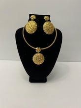 Load image into Gallery viewer, 18K GOLD PLATED FLOWERED PARTY EARRING, CORD NECKLACE & PENDANT SET