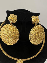Load image into Gallery viewer, 18K GOLD PLATED FLOWERED PARTY EARRING, CORD NECKLACE & PENDANT SET