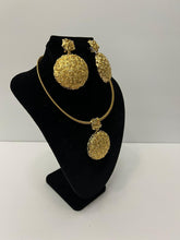 Load image into Gallery viewer, 18K GOLD PLATED FLOWERED PARTY EARRING, CORD NECKLACE & PENDANT SET