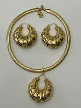 Load image into Gallery viewer, 18K GOLD PLATED PARTY CHUNKY HOOP EARRING, CORD NECKLACE & PENDANT SET