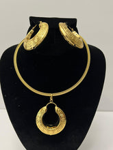 Load image into Gallery viewer, 18K GOLD PLATED PARTY CHUNKY HOOP EARRING, CORD NECKLACE & PENDANT SET
