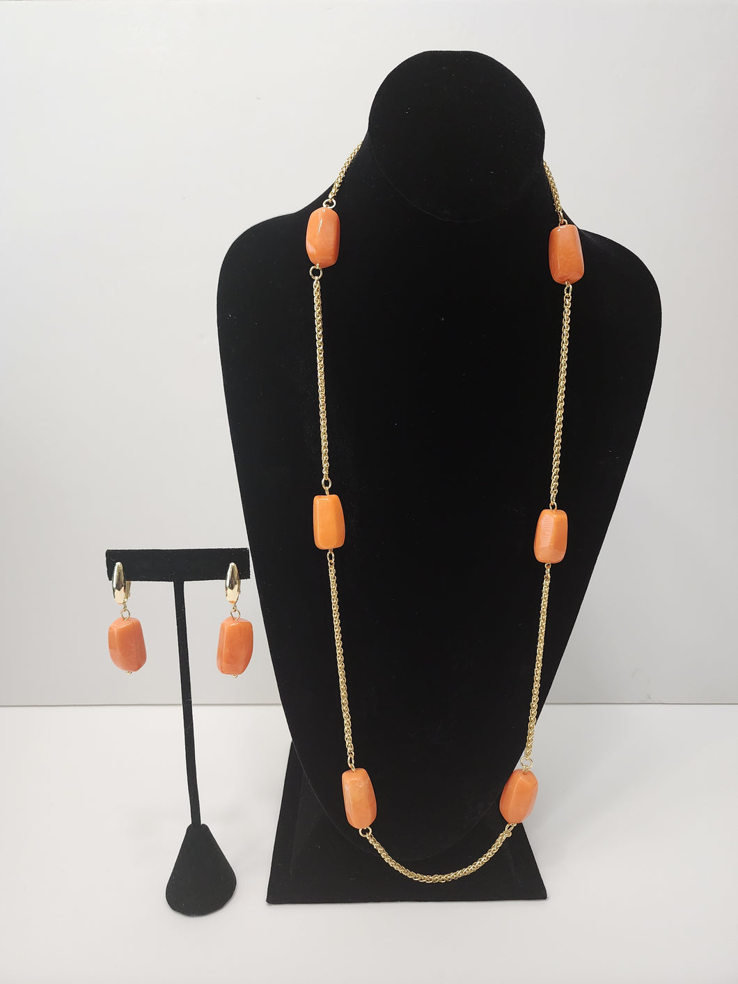 18K Italian Gold Plated  Long Orange Beaded Necklace with EARRING