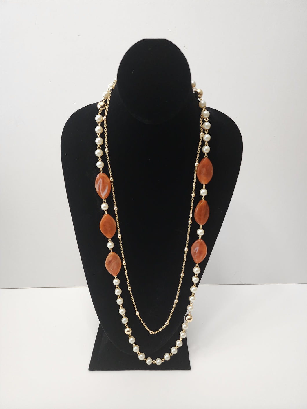 18K Italian Gold Plated Long Brown Beaded Necklace