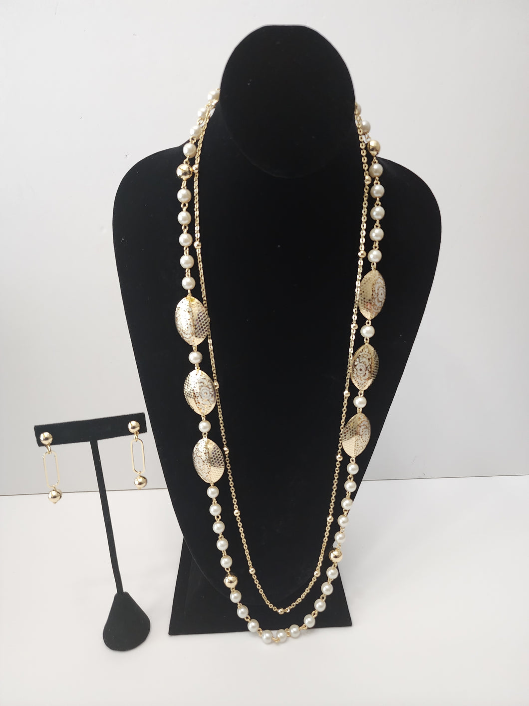 18K Italian Gold Plated Pearl Beaded Long Necklace and Earring Set