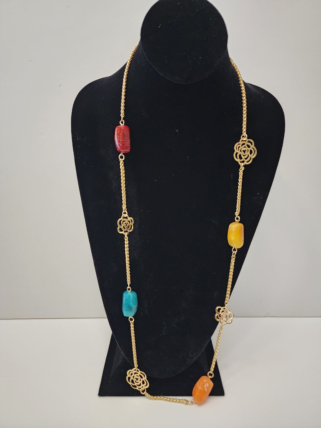 18K ITALIAN Gold Plated MULTI COLORED BEADED LONG NECKLACE