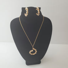 Load image into Gallery viewer, 18K GOLD PLATED CURVED TWISTED C HOOP EARRING, NECKLACE AND PENDANT SET
