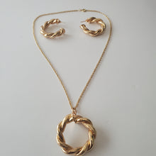 Load image into Gallery viewer, 18K GOLD PLATED CURVED TWISTED C HOOP EARRING, NECKLACE AND PENDANT SET
