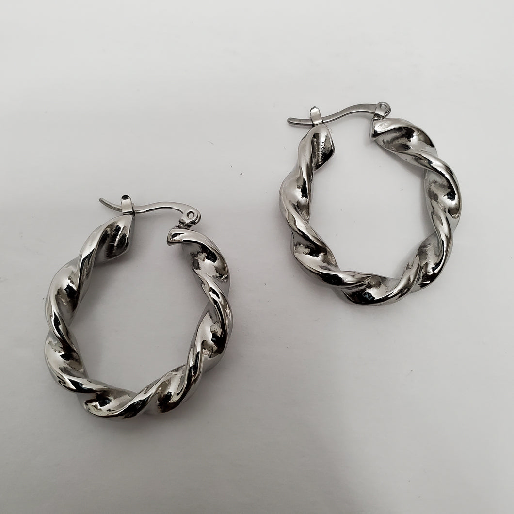 18K WHITE GOLD PLATED STAINLESS STEEL CHUNKY TWISTED HOOP EARRINGS