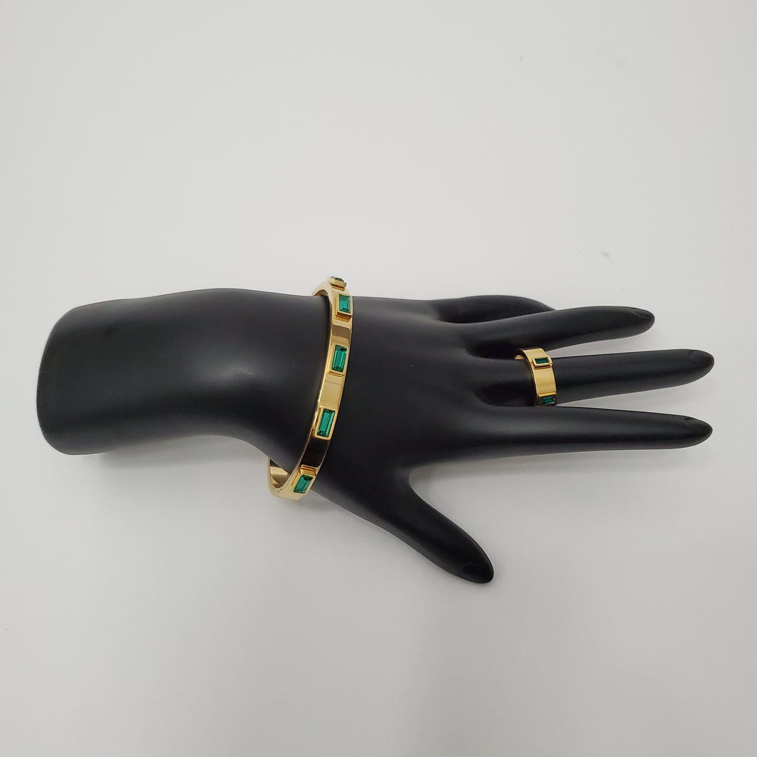 18K GOLD PLATED STAINLESS STEEL GREEN STONE BANGLE WITH RING SET