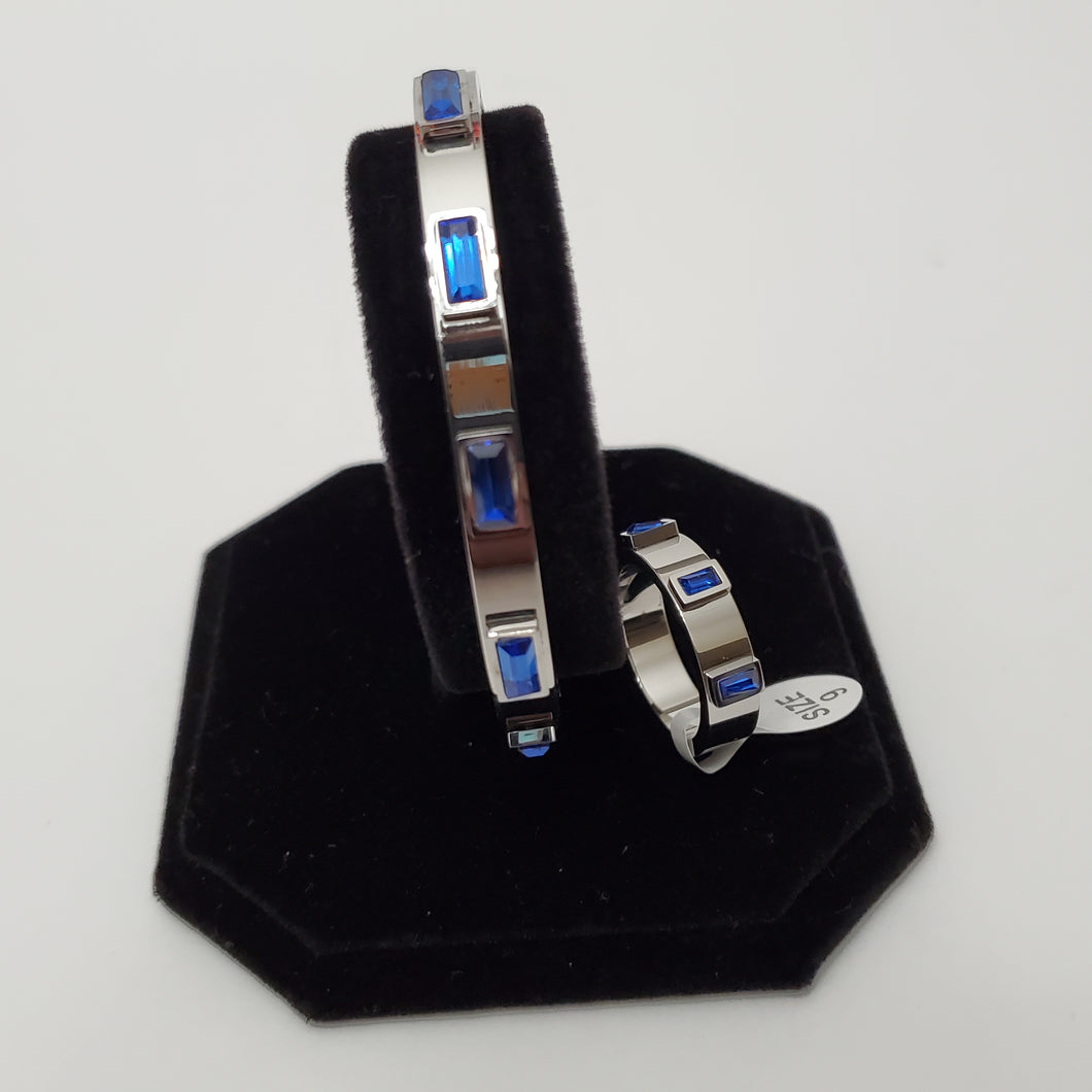 18K WHITE GOLD PLATED STAINLESS STEEL BLUE STONE BANGLE