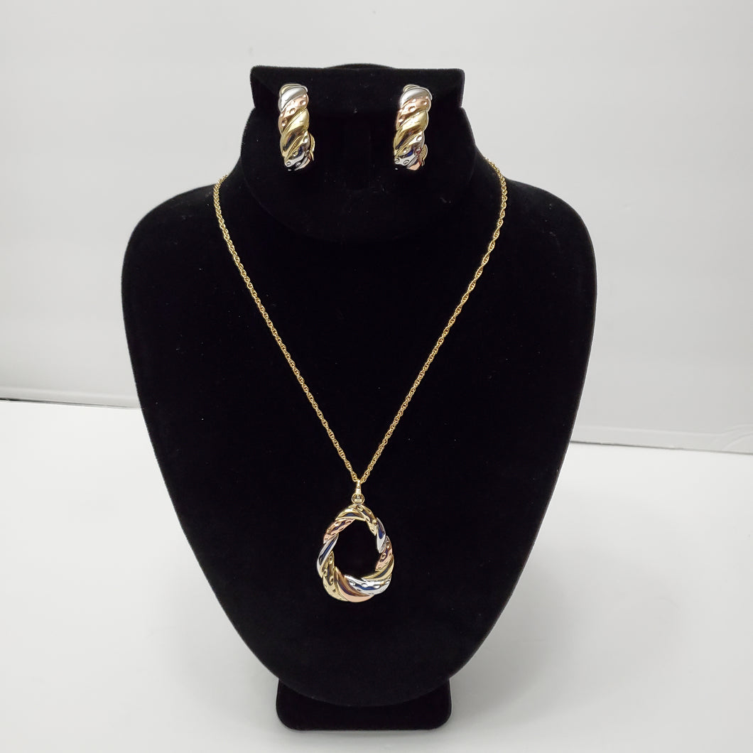 18K GOLD PLATED 3 TONE EARRING NECKLACE AND PENDANT SET