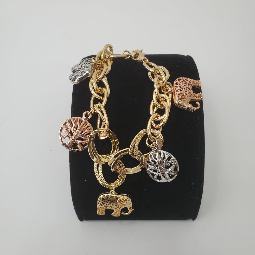 18K ITALIAN GOLD PLATED 3 TONE BALL AND ELEPHANT BALL BRACELET