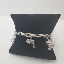 Load image into Gallery viewer, 18K ITALIAN WHITE GOLD PLATED TEDDY &amp; FISH CHARM  BRACELET
