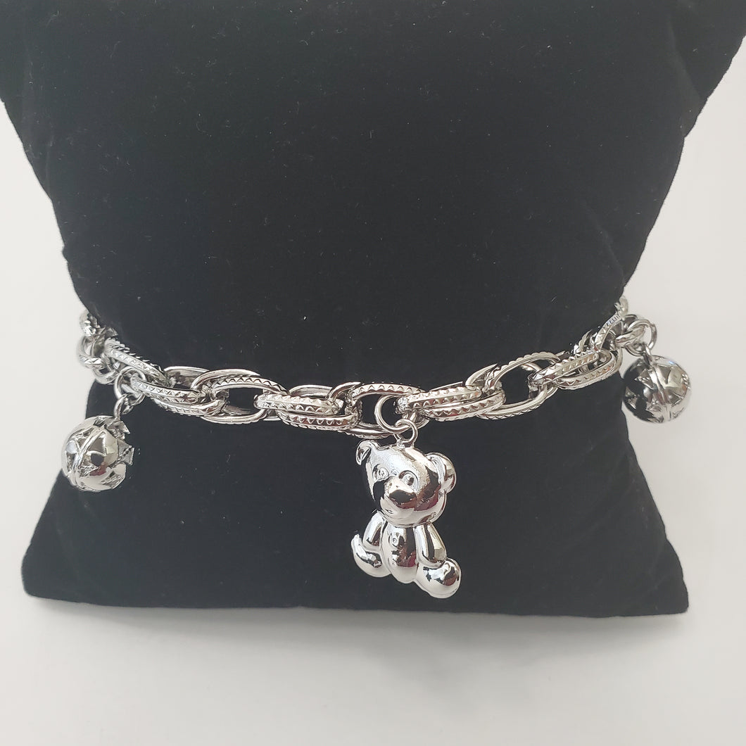 18K ITALIAN WHITE GOLD PLATED TEDDY & BALL CHARM  BRACELET