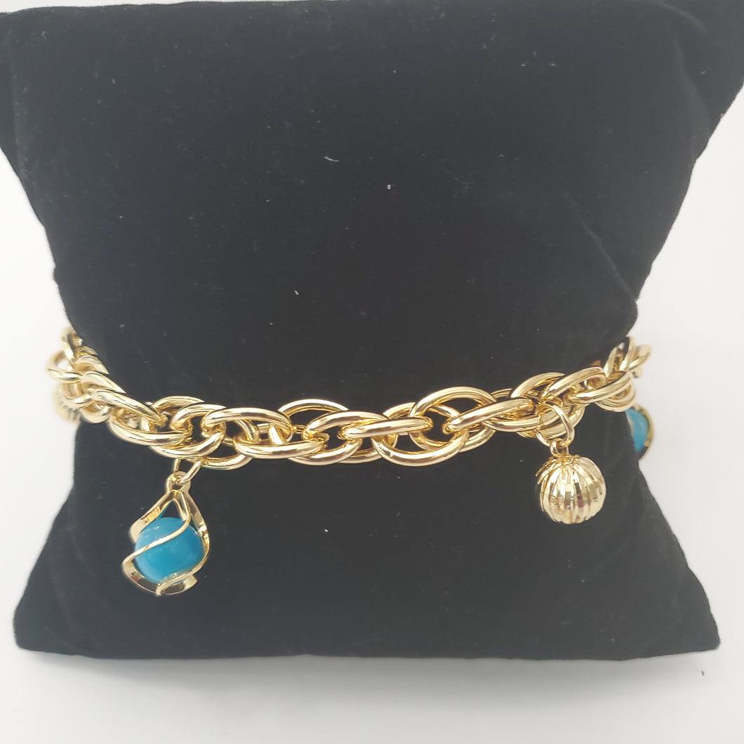 18K ITALIAN GOLD PLATED TURQUOISE BLUE BALL CHARM  BRACELET