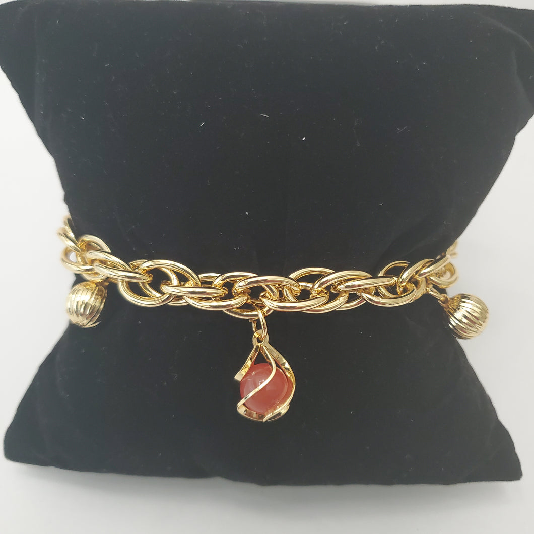 18K ITALIAN GOLD PLATED CORAL COLOR BALL CHARM  BRACELET