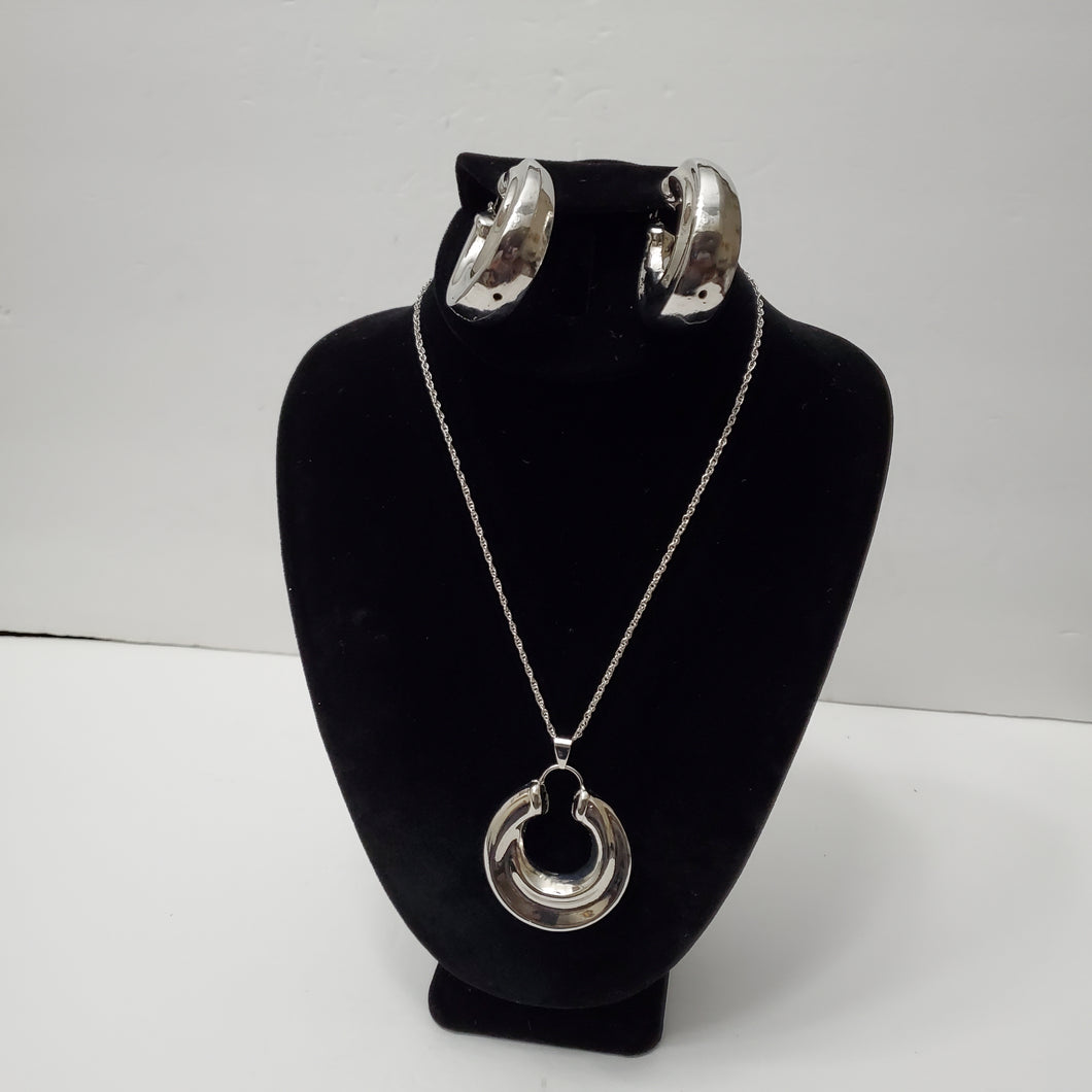 18K ITALIAN WHITE GOLD PLATED HOOP EARRING, NECKLACE AND PENDANT  SET