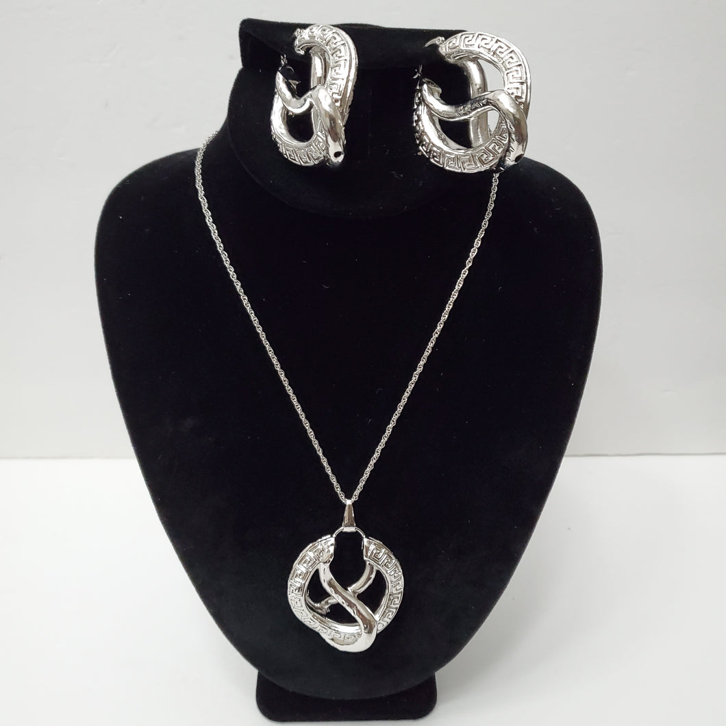 18K ITALIAN WHITE GOLD PLATED HOOP EARRING, NECKLACE AND PENDANT  SET