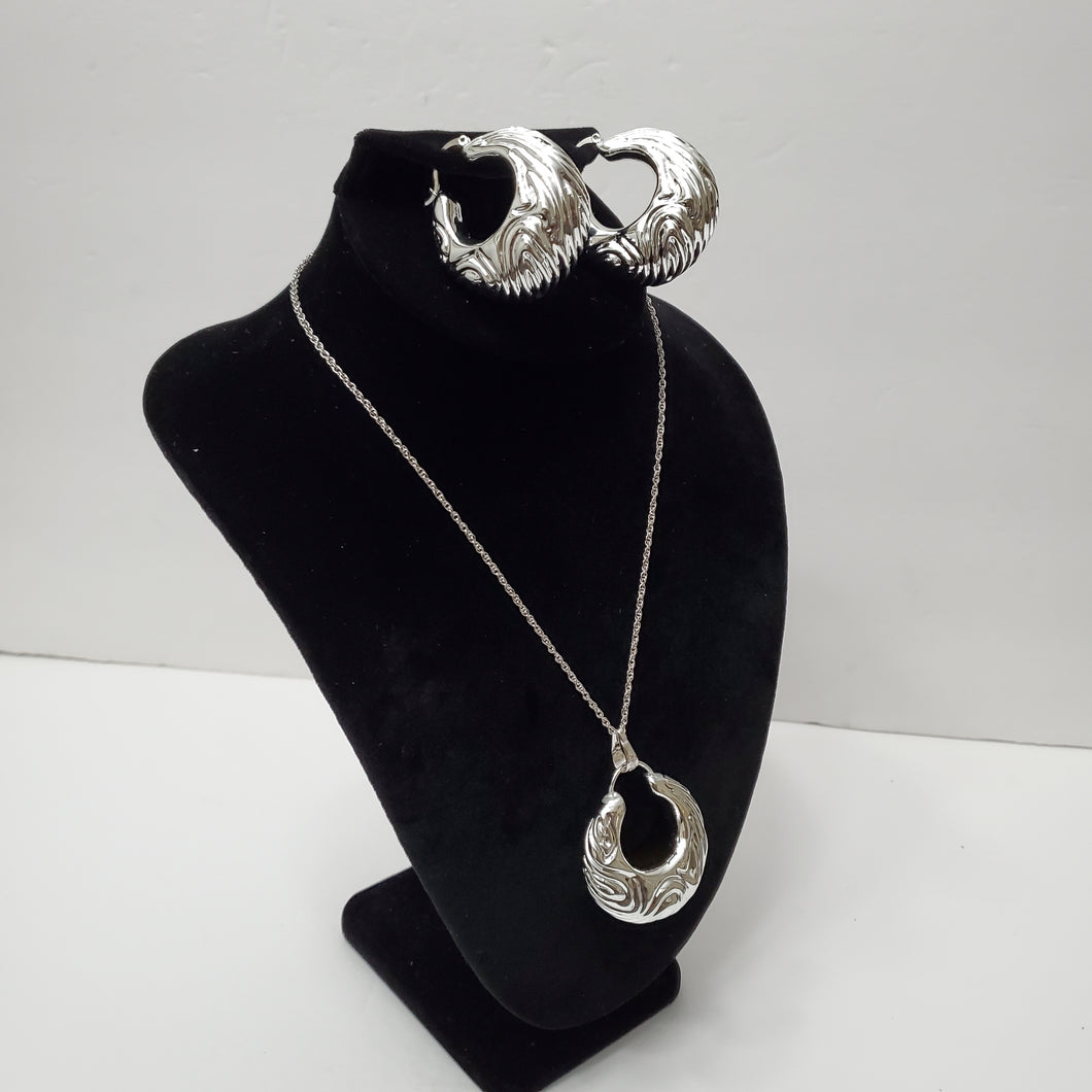 18K WHITE GOLD PLATED HOOP EARRING, NECKLACE AND PENDANT  SET