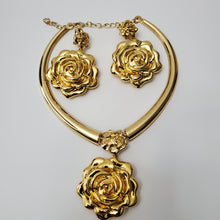 Load image into Gallery viewer, 18K GOLD PLATED DROP ROSE FLOWER EARRING , PENDANT &amp; NECKLACE SET
