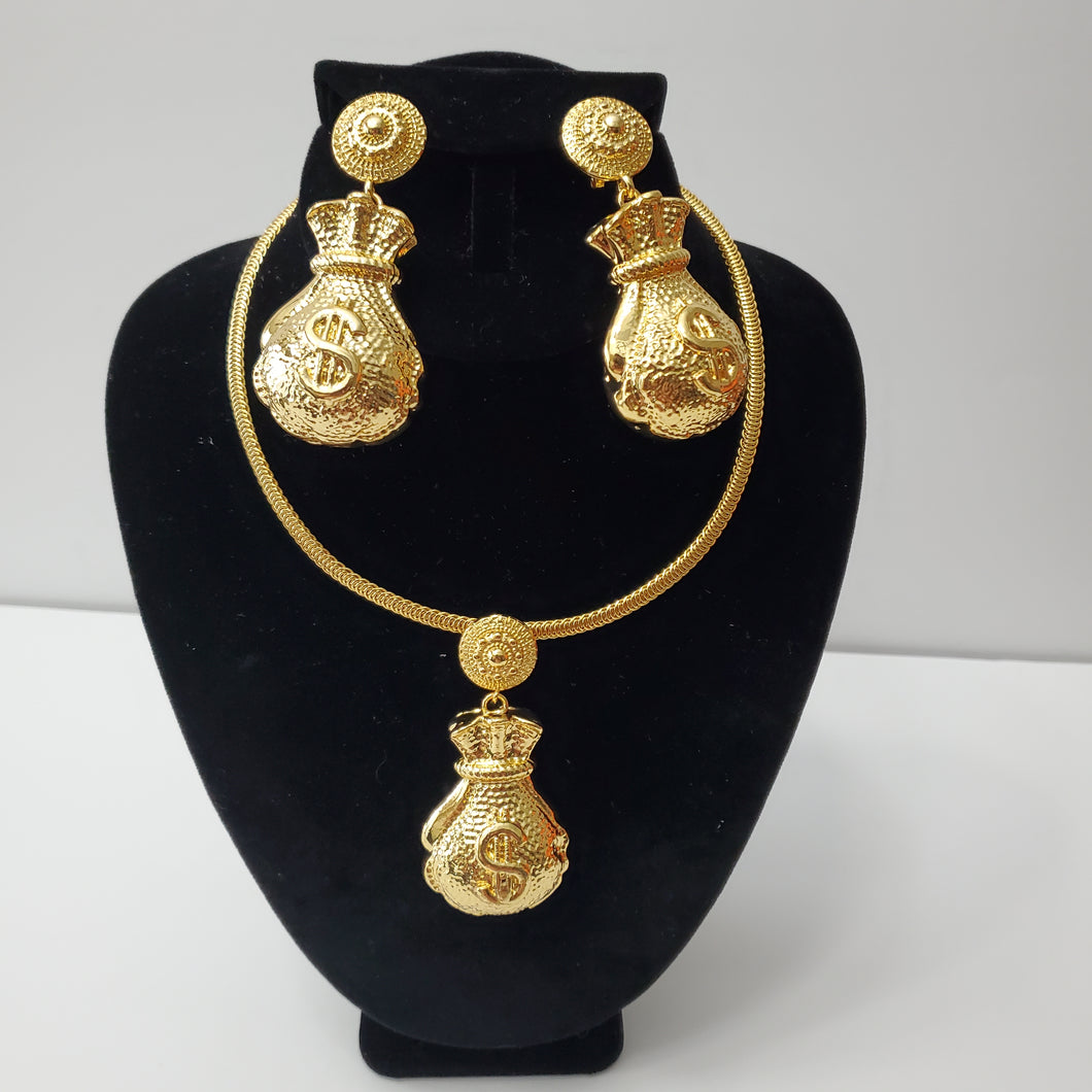 18K GOLD PLATED BIG DOLLAR SACK EARRING , PENDANT & CORD NECKLACE SET