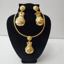 Load image into Gallery viewer, 18K GOLD PLATED BIG DOLLAR SACK EARRING , PENDANT &amp; CORD NECKLACE SET
