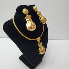 Load image into Gallery viewer, 18K GOLD PLATED BIG DOLLAR SACK EARRING , PENDANT &amp; CORD NECKLACE SET
