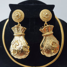 Load image into Gallery viewer, 18K GOLD PLATED BIG DOLLAR SACK EARRING , PENDANT &amp; CORD NECKLACE SET
